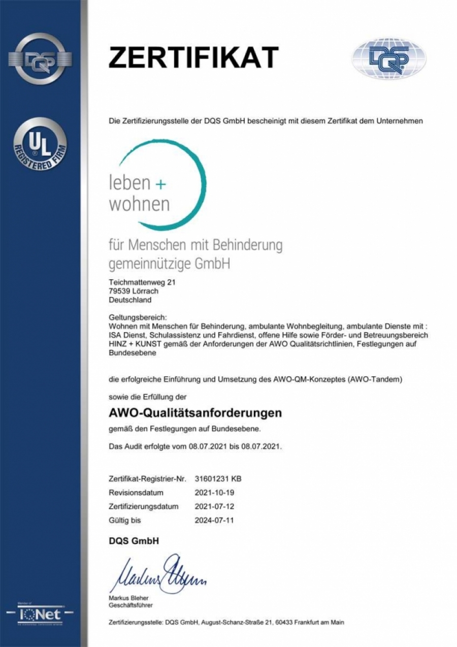 AWO-DQS-Zertifikat / leben+wohnen gGmbH Lörrach